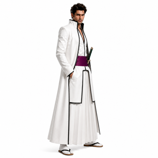 Anime Inspired Bleach Aizen Arrancar Uniform - Custom Handcrafted Unisex White Leather Coat With Pleated Skirt And Red Sash