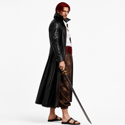 Anime Inspired Shanks Black Leather Trench Coat - Premium One Piece Emperor Cosplay Overcoat