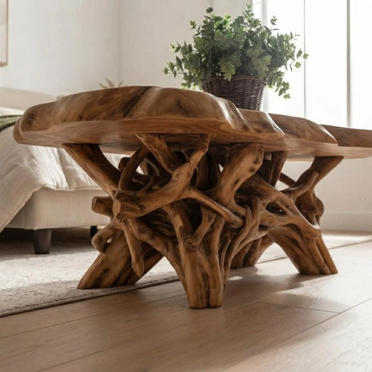 Handcrafted Live Edge Teak Root Coffee Table, Organic Boho Living Room Furniture