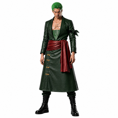 Anime Inspired Zoro Green Leather Coat & Red Sash Belt - Premium One Piece Swordsman Cosplay Costume