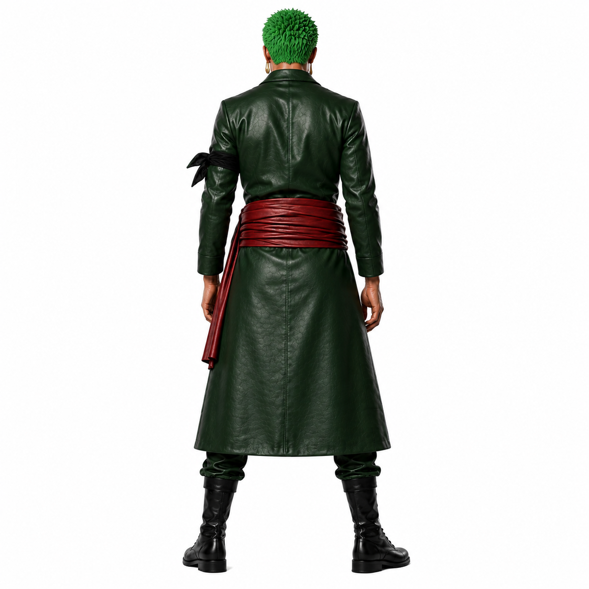 Anime Inspired Zoro Green Leather Coat & Red Sash Belt - Premium One Piece Swordsman Cosplay Costume