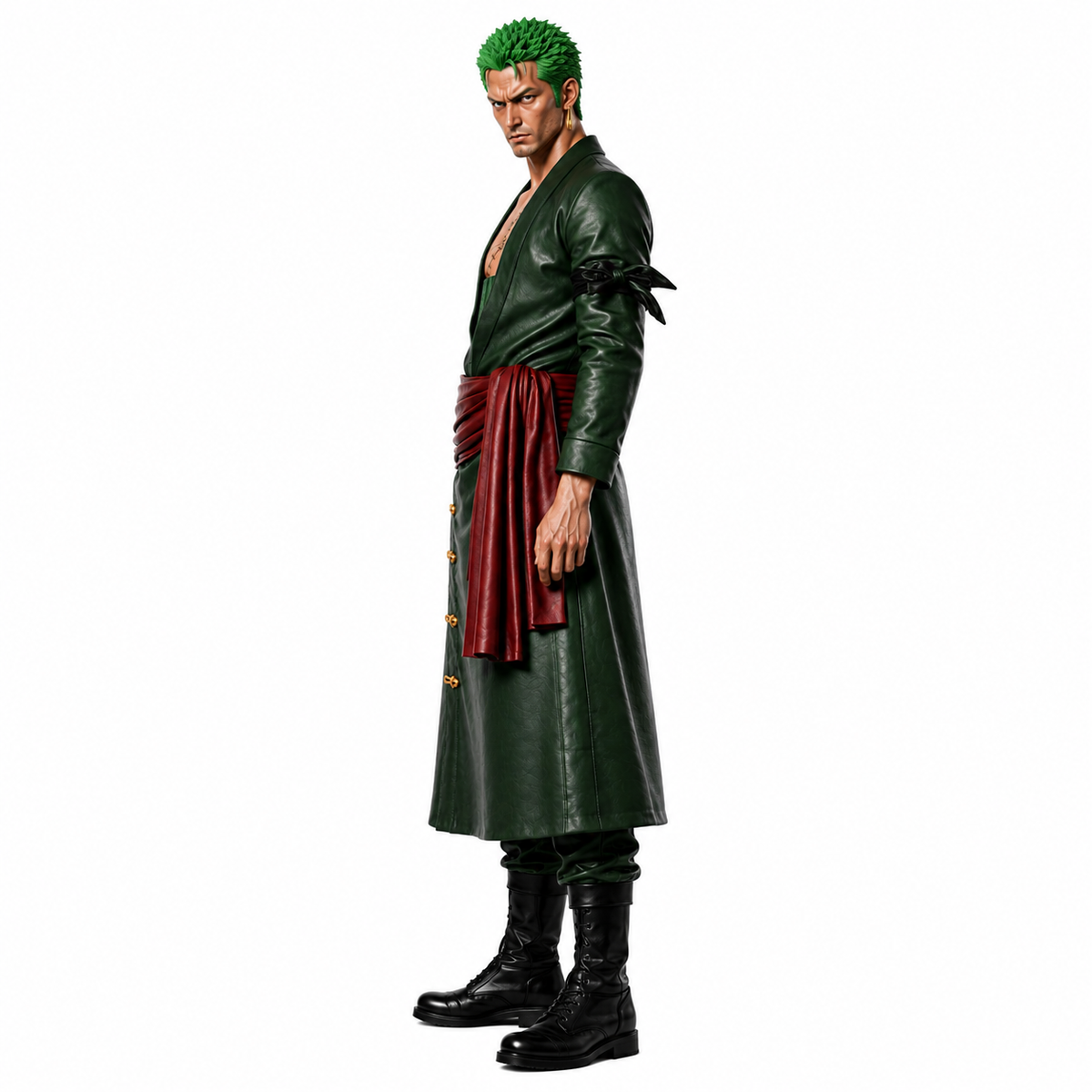 Anime Inspired Zoro Green Leather Coat & Red Sash Belt - Premium One Piece Swordsman Cosplay Costume