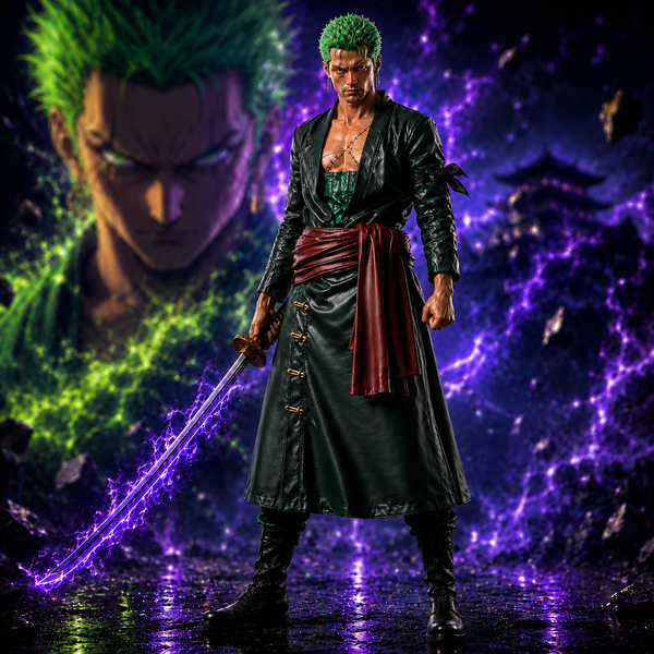 Anime Inspired Zoro Green Leather Coat & Red Sash Belt - Premium One Piece Swordsman Cosplay Costume