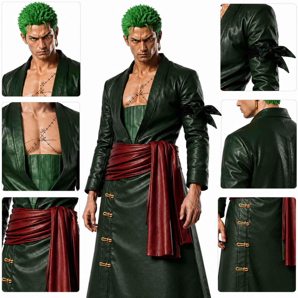 Anime Inspired Zoro Green Leather Coat & Red Sash Belt - Premium One Piece Swordsman Cosplay Costume