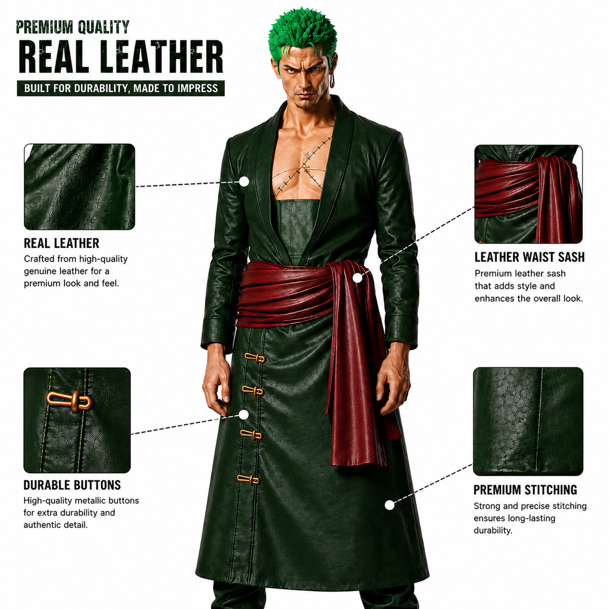 Anime Inspired Zoro Green Leather Coat & Red Sash Belt - Premium One Piece Swordsman Cosplay Costume