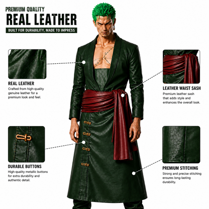 Anime Inspired Zoro Green Leather Coat & Red Sash Belt - Premium One Piece Swordsman Cosplay Costume