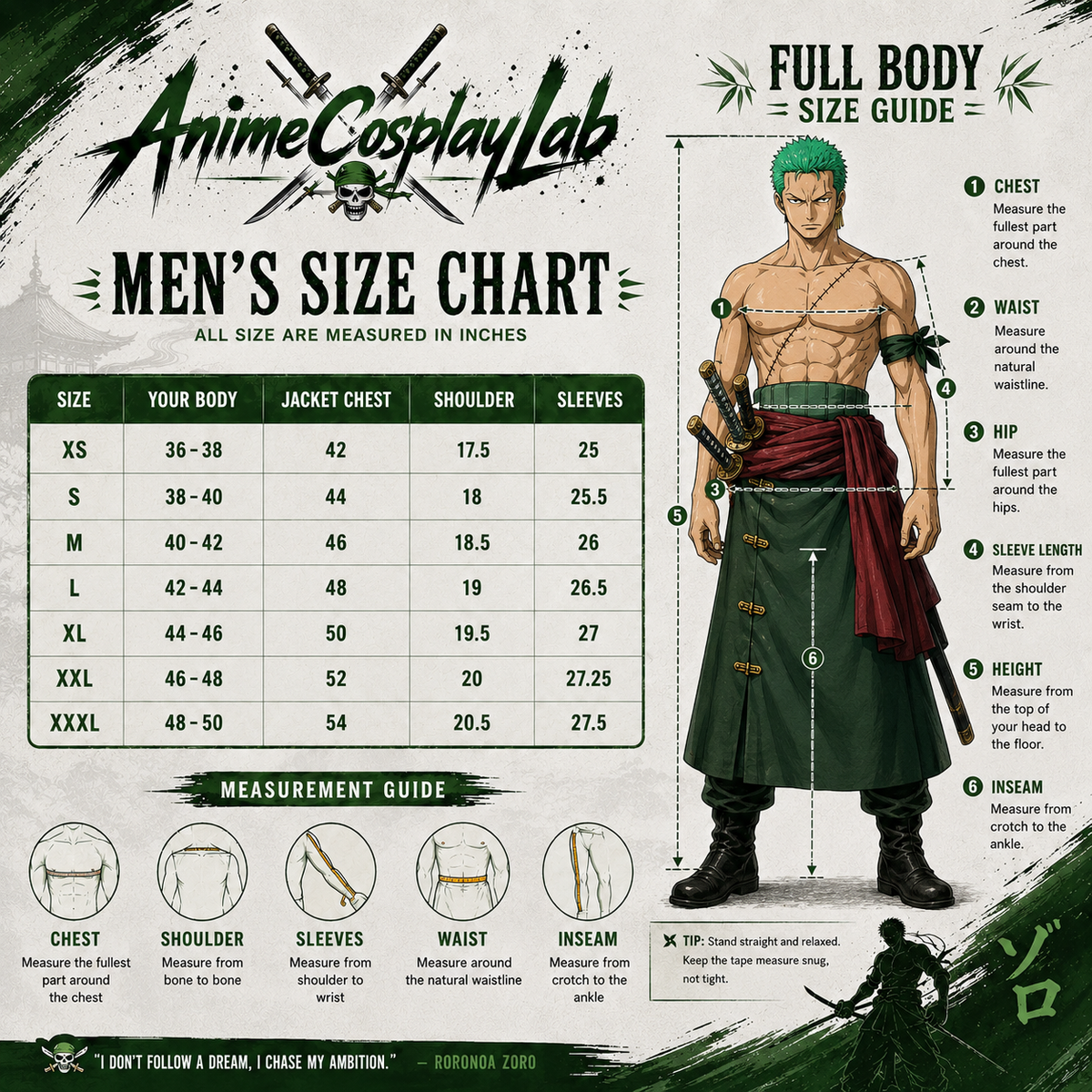 Anime Inspired Zoro Green Leather Coat & Red Sash Belt - Premium One Piece Swordsman Cosplay Costume
