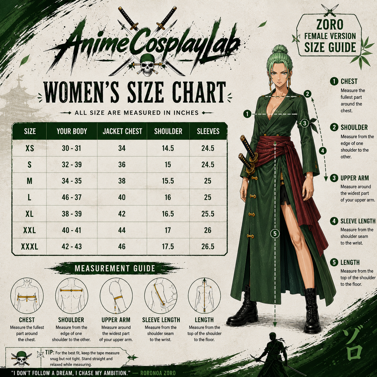 Anime Inspired Zoro Green Leather Coat & Red Sash Belt - Premium One Piece Swordsman Cosplay Costume