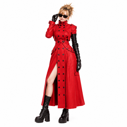 Anime Inspired Vash Trigun Red Leather Trench Coat - Premium Handcrafted Double Breasted Cosplay Duster
