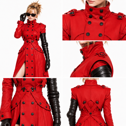Anime Inspired Vash Trigun Red Leather Trench Coat - Premium Handcrafted Double Breasted Cosplay Duster