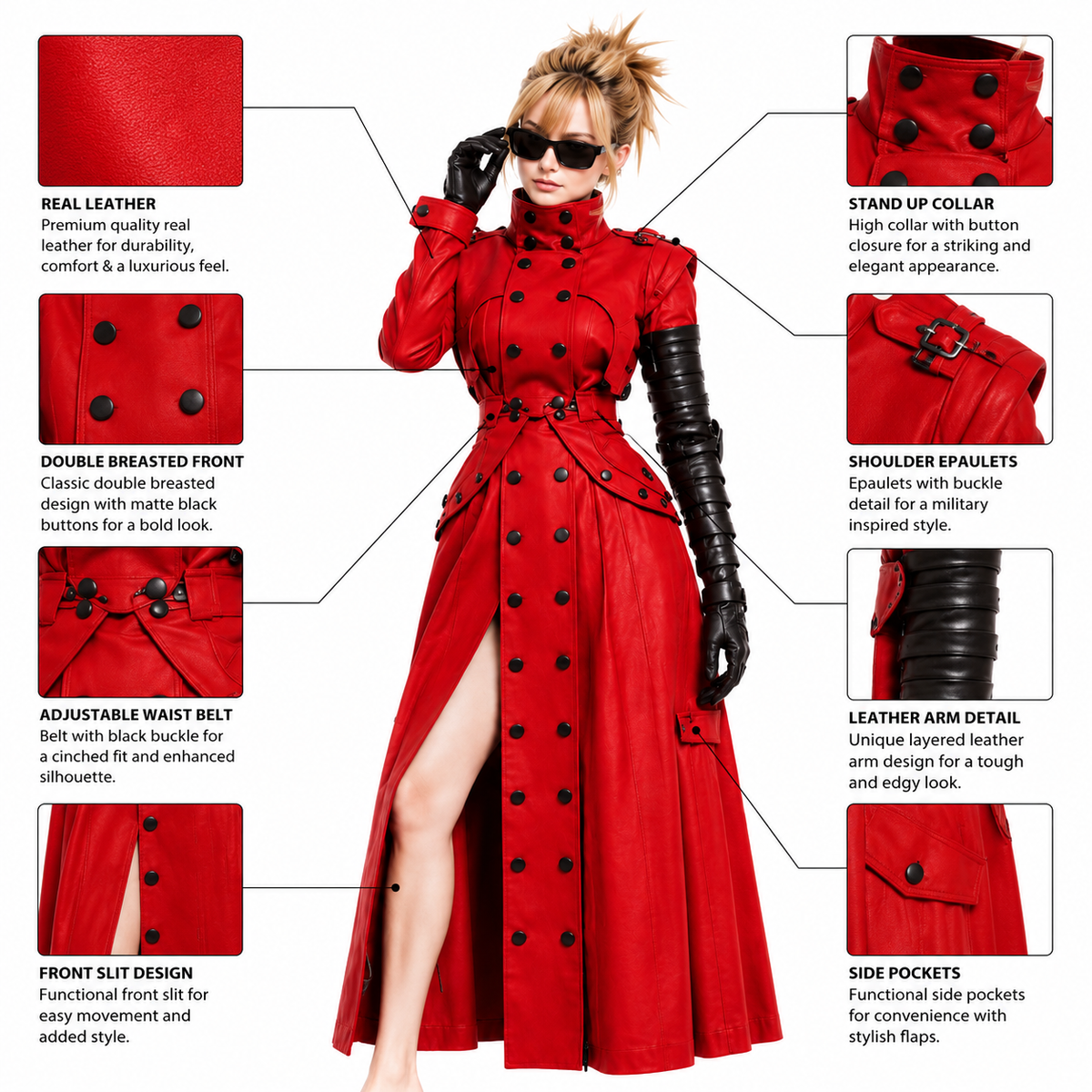 Anime Inspired Vash Trigun Red Leather Trench Coat - Premium Handcrafted Double Breasted Cosplay Duster