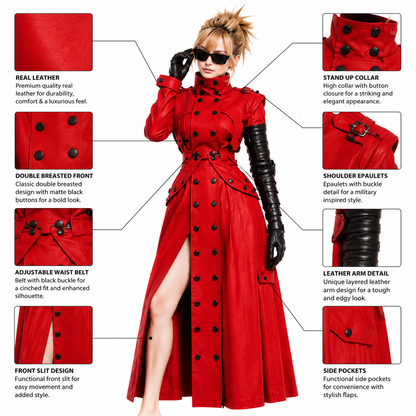 Anime Inspired Vash Trigun Red Leather Trench Coat - Premium Handcrafted Double Breasted Cosplay Duster
