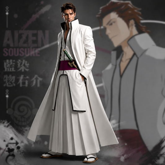 Anime Inspired Bleach Aizen Arrancar Uniform - Custom Handcrafted Unisex White Leather Coat With Pleated Skirt And Red Sash
