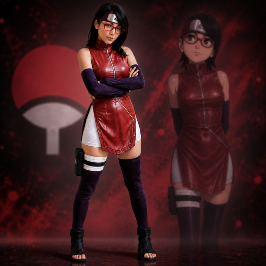 Anime Inspired Sarada Red Leather Zip-Up Cosplay Costume - Premium Sleeveless Bodycon Dress, Shorts & Leather Headband Set