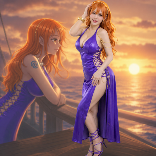 Anime Inspired Nami Purple Leather Dress - Premium One Piece Cosplay Halter Bodycon Dress