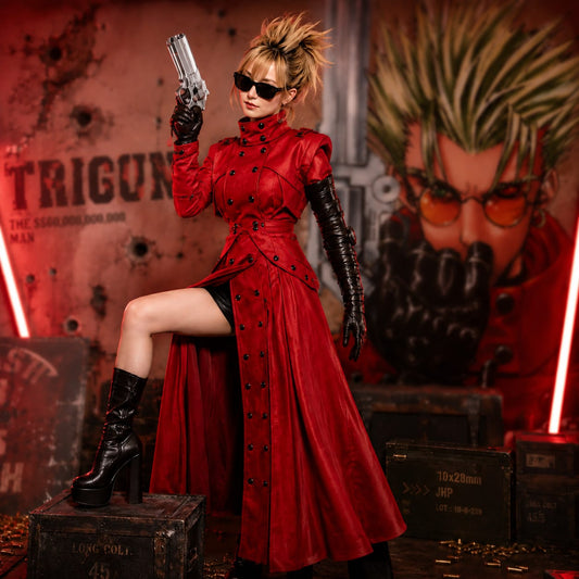 Anime Inspired Vash Trigun Red Leather Trench Coat - Premium Handcrafted Double Breasted Cosplay Duster