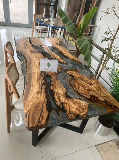 Custom Olive Wood Epoxy Resin Dining Table: Live Edge River Table