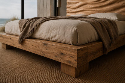 Luxury Solid Oak Bed Frame | Hand Carved Flow Headboard | Handmade Wooden Platform Bed