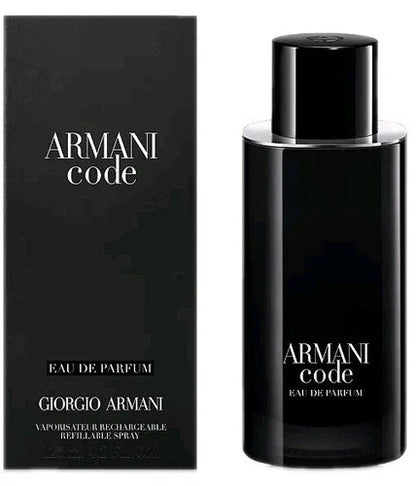 Giorgio Armani Code Eau de Parfum refillable spray bottle next to its black packaging box, featuring white text on a clean white background.