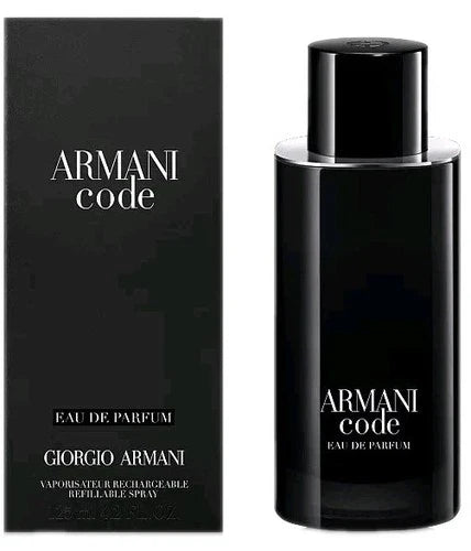 Giorgio Armani Code Eau de Parfum refillable spray bottle next to its black packaging box, featuring white text on a clean white background.